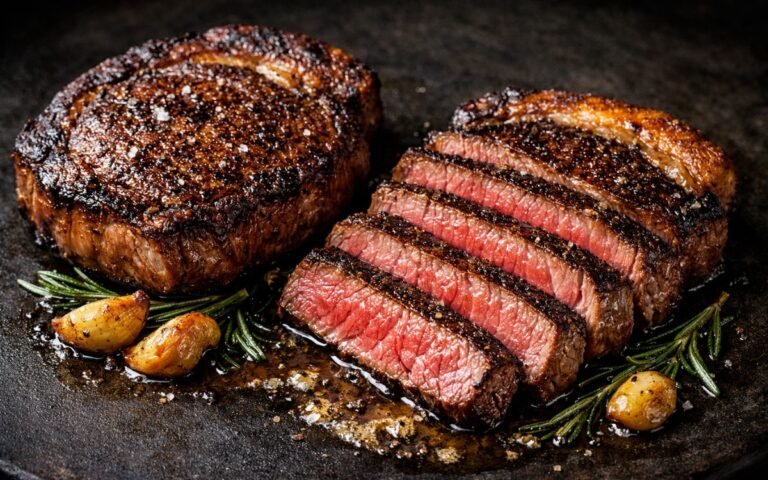 Sliced medium-rare ribeye steak with herb butter on rustic plate