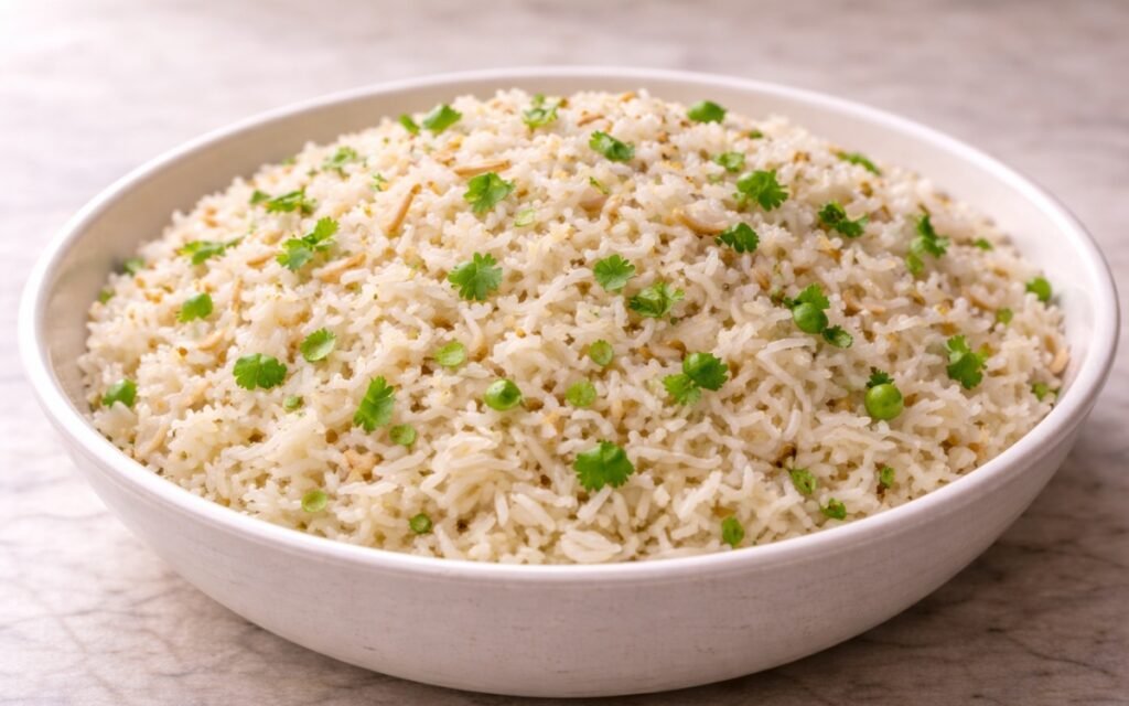 White bowl filled with fluffy coconut rice topped with toasted coconut flakes and fresh cilantro