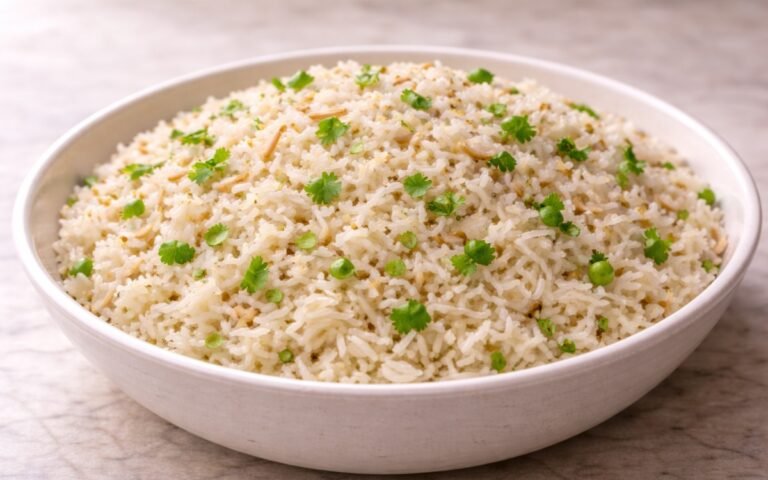 White bowl filled with fluffy coconut rice topped with toasted coconut flakes and fresh cilantro