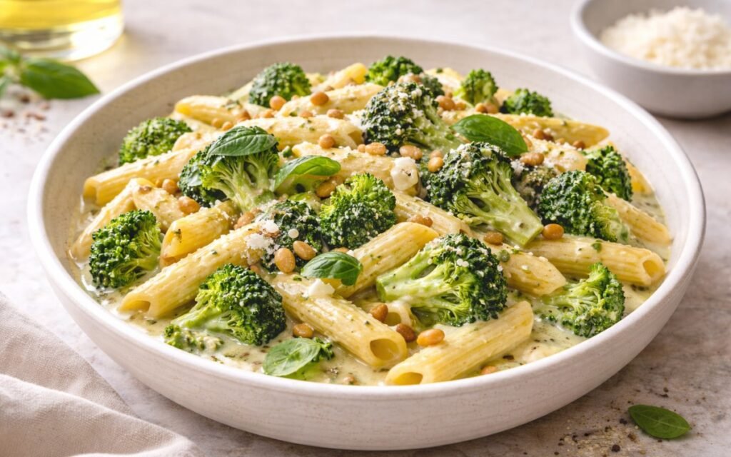 Creamy broccoli lemon pasta in a white bowl topped with toasted pine nuts, grated Parmesan cheese, and fresh basil leaves