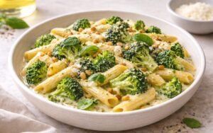 Creamy broccoli lemon pasta in a white bowl topped with toasted pine nuts, grated Parmesan cheese, and fresh basil leaves