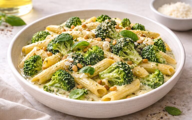 Creamy broccoli lemon pasta in a white bowl topped with toasted pine nuts, grated Parmesan cheese, and fresh basil leaves