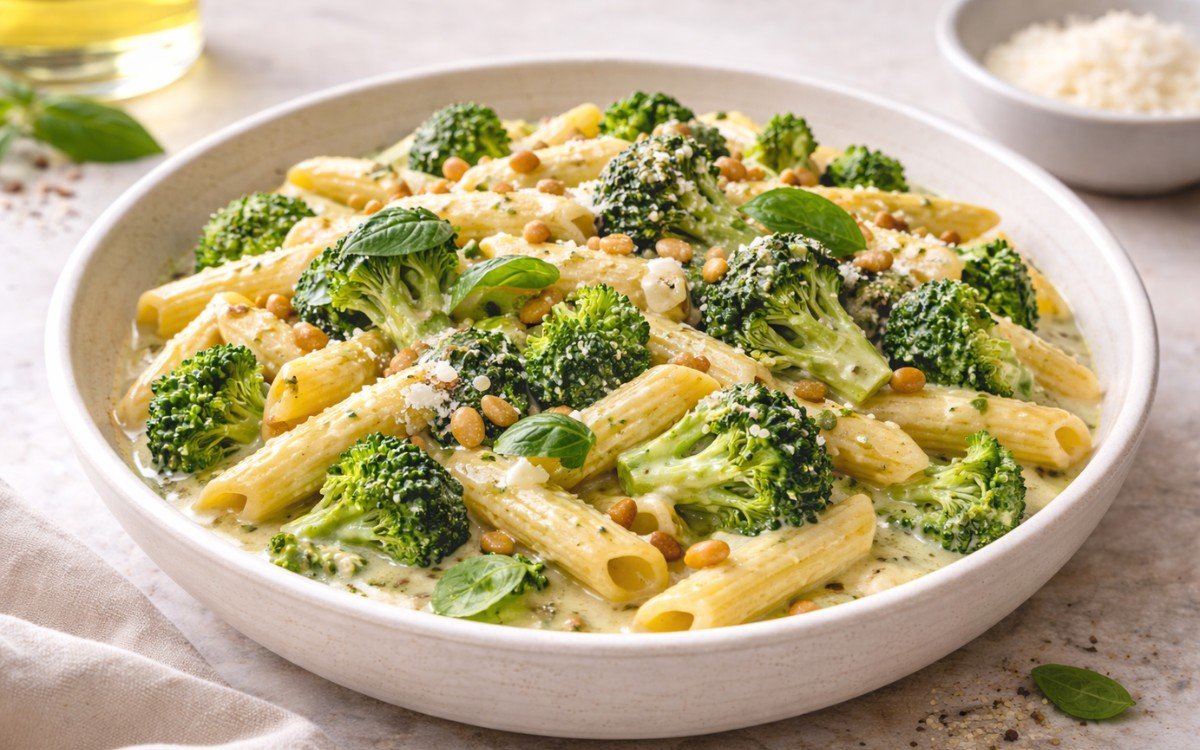 Creamy broccoli lemon pasta in a white bowl topped with toasted pine nuts, grated Parmesan cheese, and fresh basil leaves