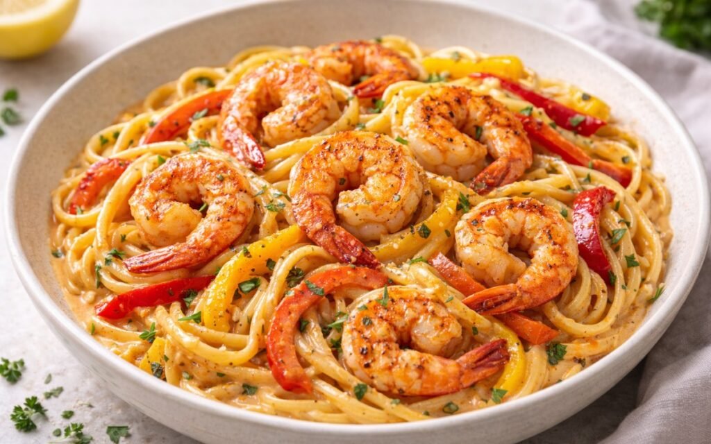 Creamy Cajun shrimp pasta in a white bowl with linguine, golden seared shrimp, red and yellow bell peppers, and fresh parsley