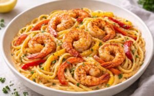 Creamy Cajun shrimp pasta in a white bowl with linguine, golden seared shrimp, red and yellow bell peppers, and fresh parsley