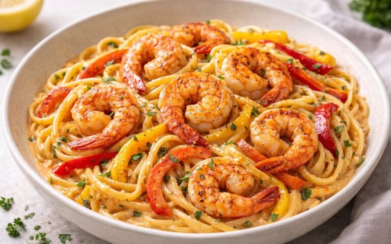 Creamy Cajun shrimp pasta in a white bowl with linguine, golden seared shrimp, red and yellow bell peppers, and fresh parsley