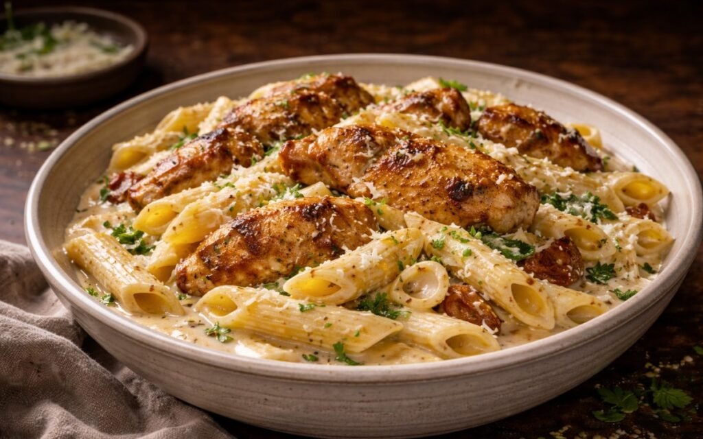 Creamy chicken garlic parmesan pasta in white bowl with golden seared chicken pieces, rich cream sauce, fresh parsley, and grated cheese