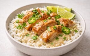 creamy coconut chicken rice bowl with coconut lime rice and cilantro