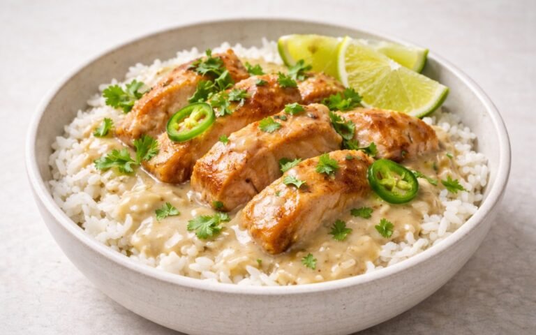 creamy coconut chicken rice bowl with coconut lime rice and cilantro