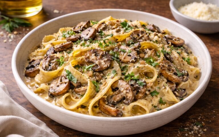 Bowl of creamy mushroom garlic pasta with pappardelle noodles coated in Parmesan cream sauce with caramelized mushrooms and fresh herbs