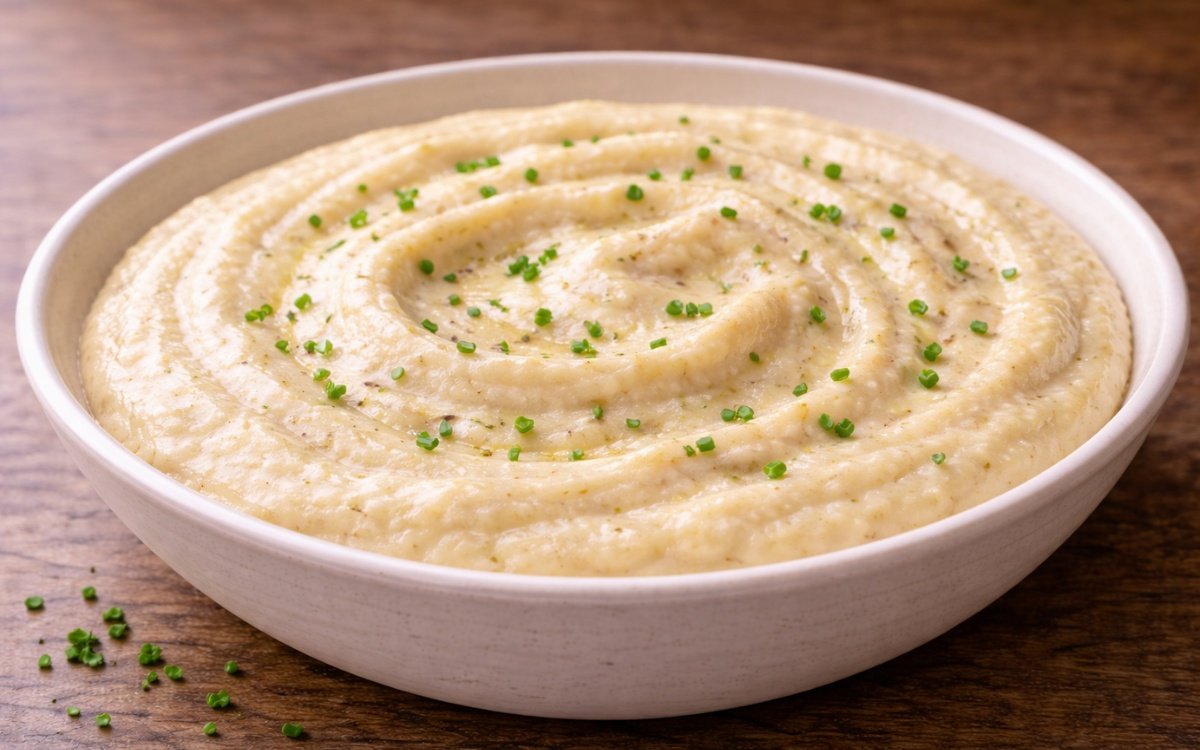 Bowl of creamy white grits topped with butter, Parmesan cheese, and fresh chives