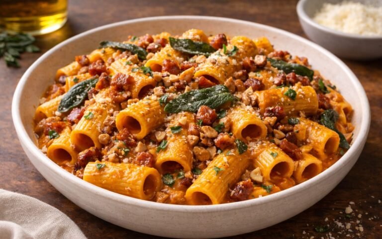Creamy pumpkin rigatoni pasta in white bowl topped with crispy pancetta, fried sage leaves, and toasted hazelnuts with grated Parmesan cheese