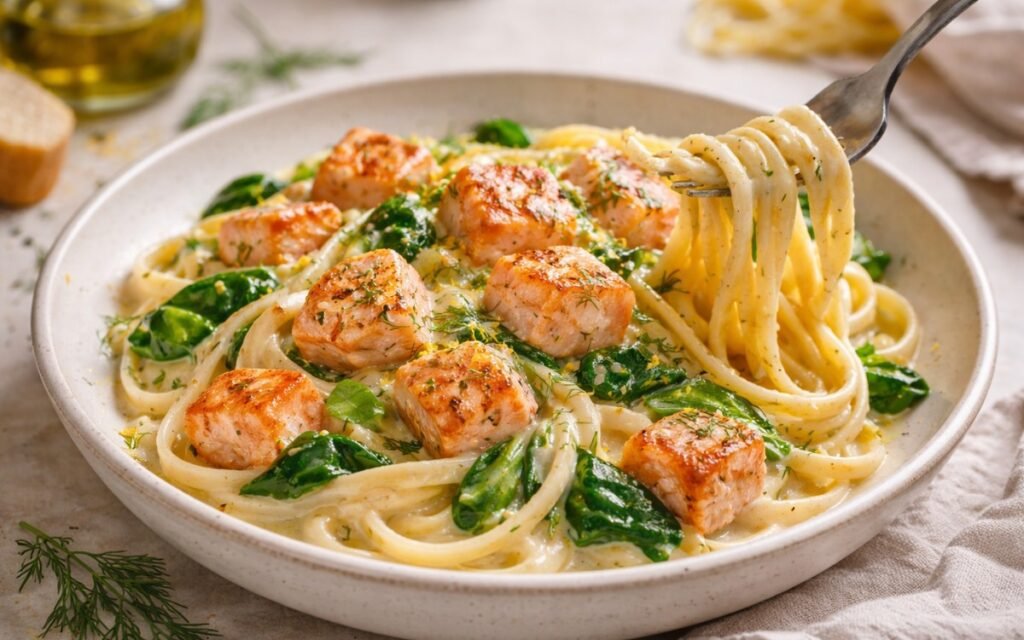 Creamy salmon pasta with lemon and dill served in a white bowl, showing fettuccine coated in rich cream sauce with tender salmon pieces and fresh dill garnish