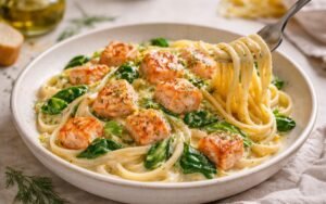 Creamy salmon pasta with lemon and dill served in a white bowl, showing fettuccine coated in rich cream sauce with tender salmon pieces and fresh dill garnish
