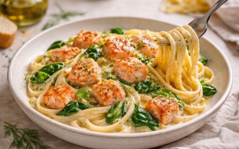 Creamy salmon pasta with lemon and dill served in a white bowl, showing fettuccine coated in rich cream sauce with tender salmon pieces and fresh dill garnish