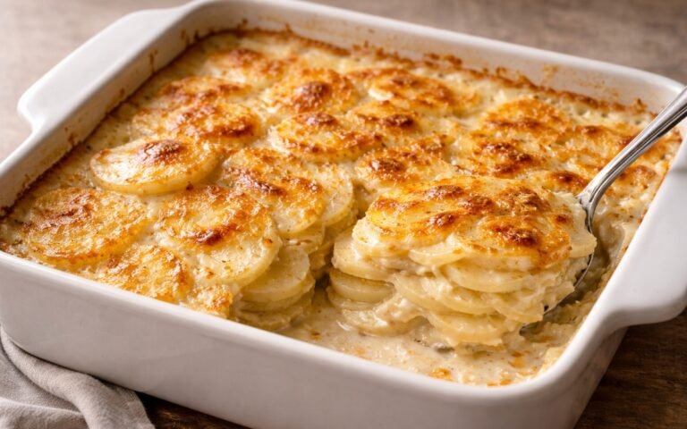 Creamy scalloped potatoes in a baking dish with golden brown top layer