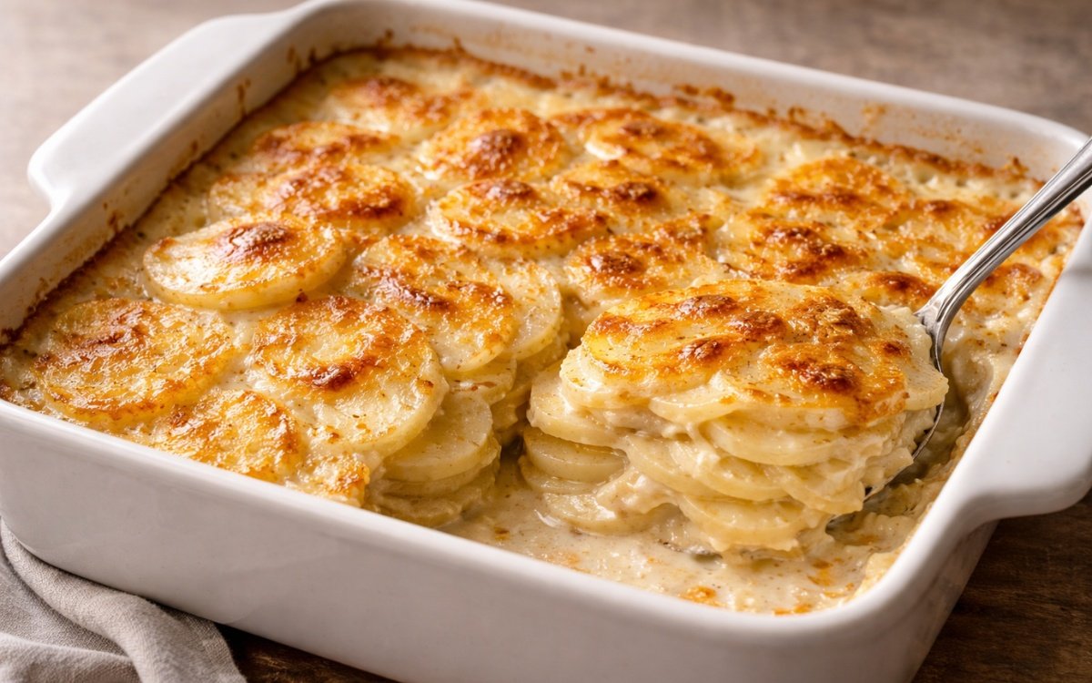 Creamy scalloped potatoes in a baking dish with golden brown top layer