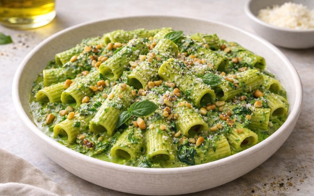 Bowl of rigatoni green sauce pasta coated in vibrant spinach and herb cream sauce, topped with toasted pine nuts and Parmesan cheese