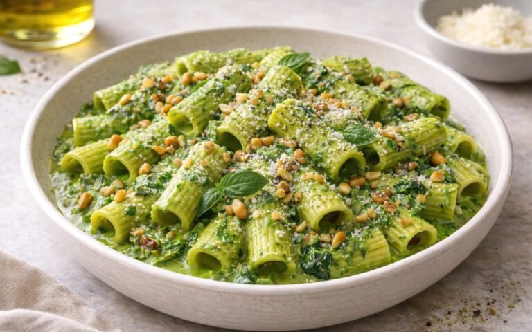 Bowl of rigatoni pasta coated in vibrant green spinach and herb cream sauce, topped with toasted pine nuts and Parmesan cheese