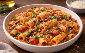 Close-up overhead view of creamy sun-dried tomato pasta in a white bowl, showing rigatoni coated in rich cream sauce with halved cherry tomatoes, fresh basil leaves, and toasted pine nuts