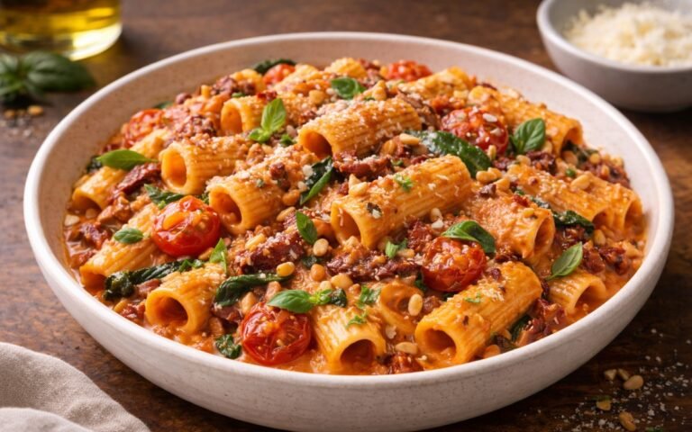 Close-up overhead view of creamy sun-dried tomato pasta in a white bowl, showing rigatoni coated in rich cream sauce with halved cherry tomatoes, fresh basil leaves, and toasted pine nuts