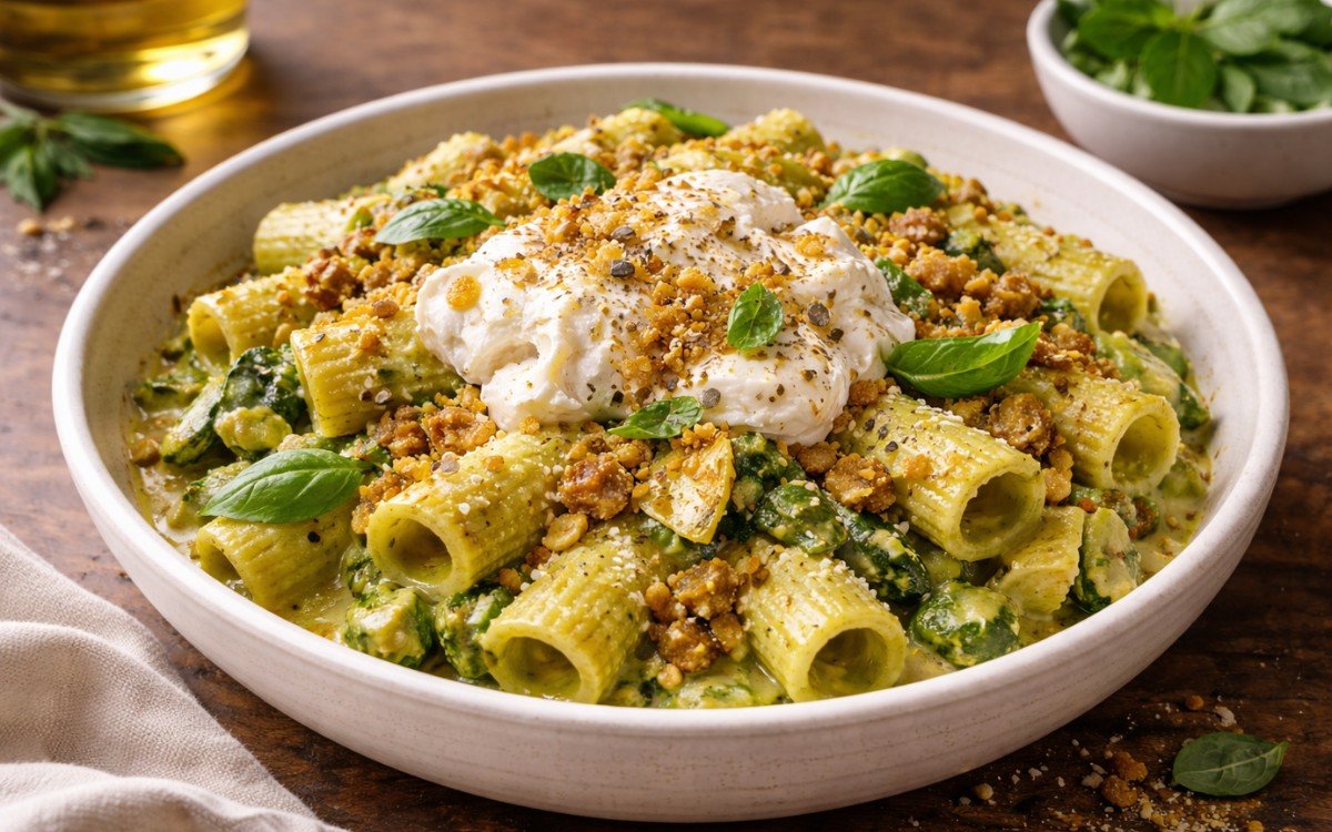 Bowl of creamy zucchini rigatoni pasta topped with torn burrata cheese, golden lemon breadcrumbs, and fresh herbs on a light background