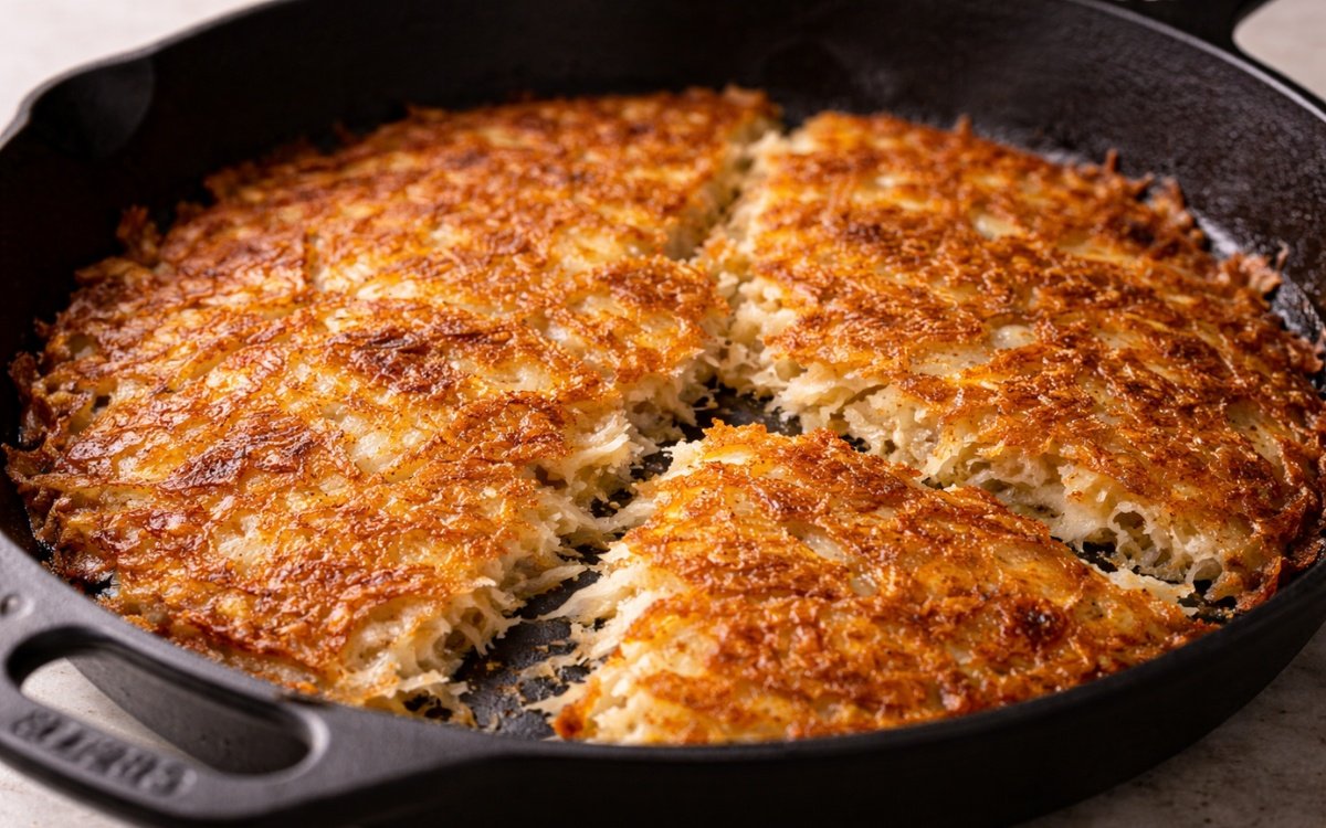 Golden crispy hash brown potatoes in a cast iron skillet with visible crispy edges