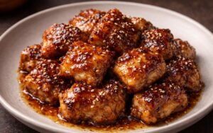 Golden crispy honey garlic chicken pieces glazed with sesame seeds on white plate