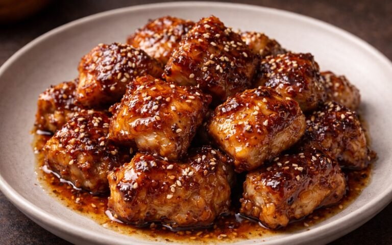 Golden crispy honey garlic chicken pieces glazed with sesame seeds on white plate