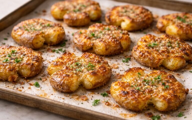 Crispy golden smashed potatoes with Parmesan cheese and parsley on baking sheet