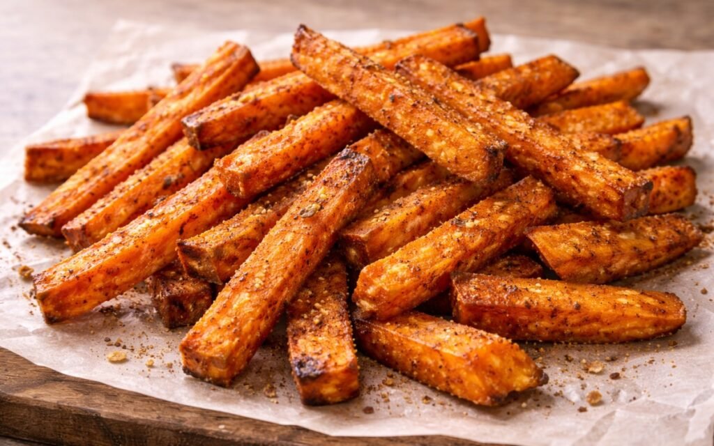Golden crispy sweet potato fries on a baking sheet with visible seasoning