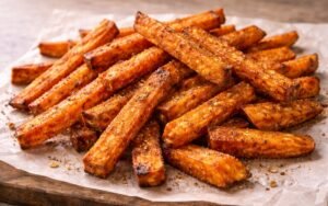 Golden crispy sweet potato fries on a baking sheet with visible seasoning