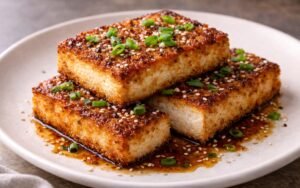 Golden crispy tofu steaks with sesame seeds and scallions on white plate