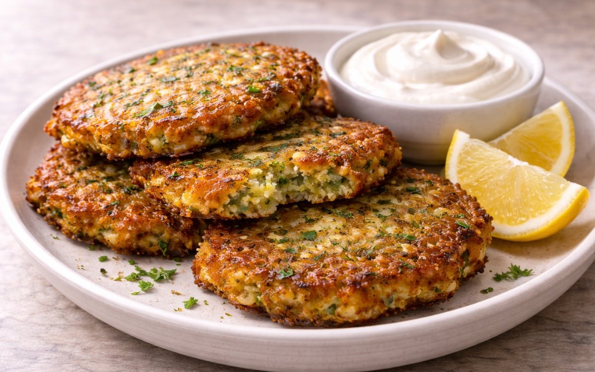 Stack of golden brown crispy zucchini fritters on white plate with sour cream and lemon wedges