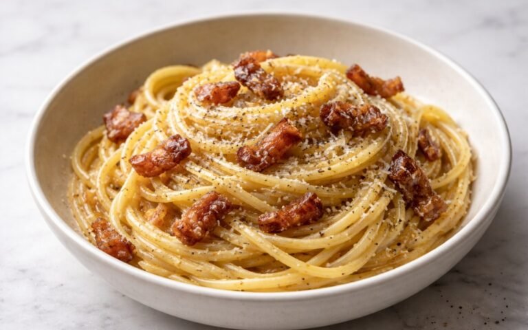 Authentic carbonara pasta with crispy guanciale, creamy egg sauce, and Pecorino Romano cheese in a white bowl