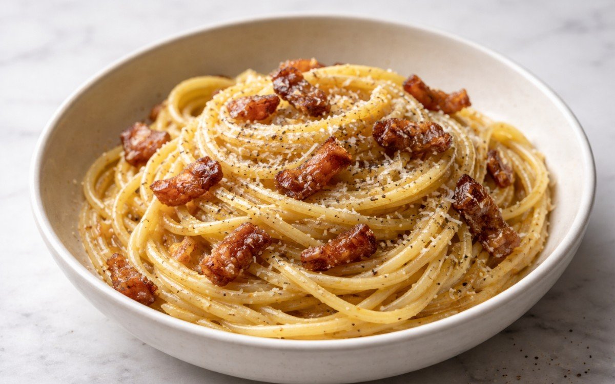Authentic carbonara pasta with crispy guanciale, creamy egg sauce, and Pecorino Romano cheese in a white bowl