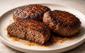 Juicy ground beef patties with caramelized crust on white plate with melted butter