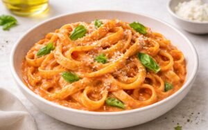 Creamy fettuccine alla vodka pasta in a white bowl topped with fresh basil and Parmigiano-Reggiano cheese