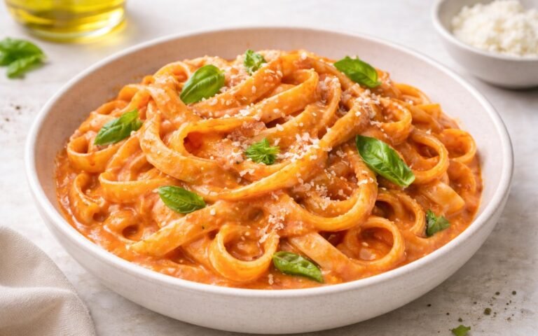 Creamy fettuccine alla vodka pasta in a white bowl topped with fresh basil and Parmigiano-Reggiano cheese