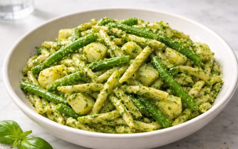 Bowl of fresh homemade basil pesto pasta with green beans and potatoes, garnished with grated Parmesan cheese and drizzled with olive oil