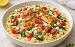 Creamy lemon chicken orzo in a large skillet with tender chicken pieces, cherry tomatoes, wilted spinach, and crumbled feta cheese