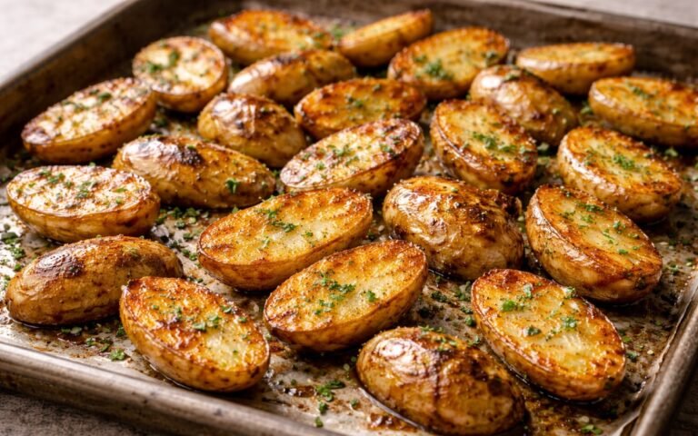 Golden garlic butter roasted potatoes with fresh herbs in rustic serving bowl