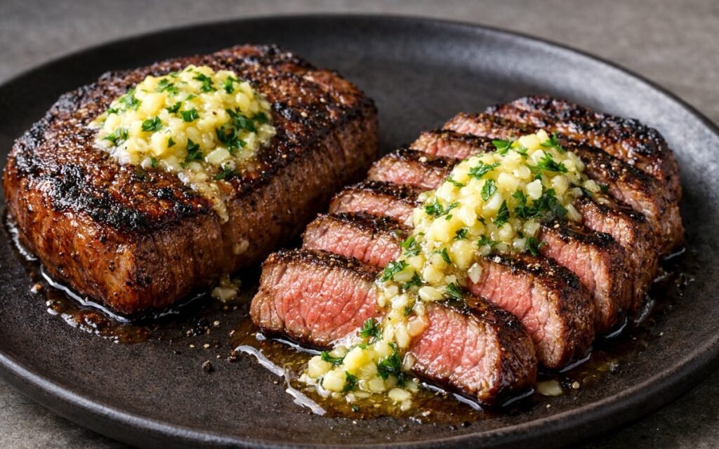 Sliced garlic butter sirloin steak with melted herb butter pooling on rustic plate