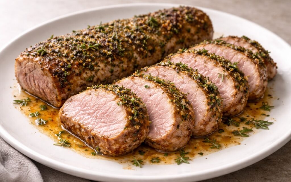 Sliced garlic herb pork tenderloin with golden crust on white plate