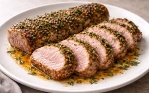 Sliced garlic herb pork tenderloin with golden crust on white plate