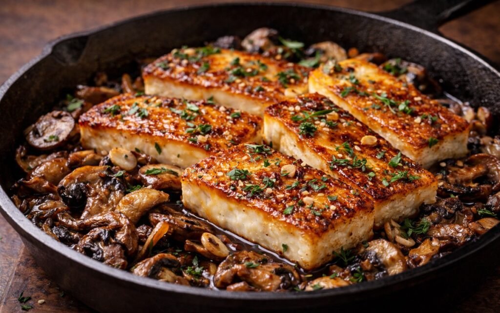 Golden seared halloumi cheese and caramelized mushrooms in garlic butter sauce in cast iron skillet