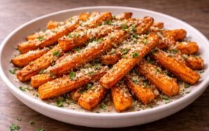 Golden brown roasted carrot fries topped with grated Parmesan cheese and fresh parsley on white plate
