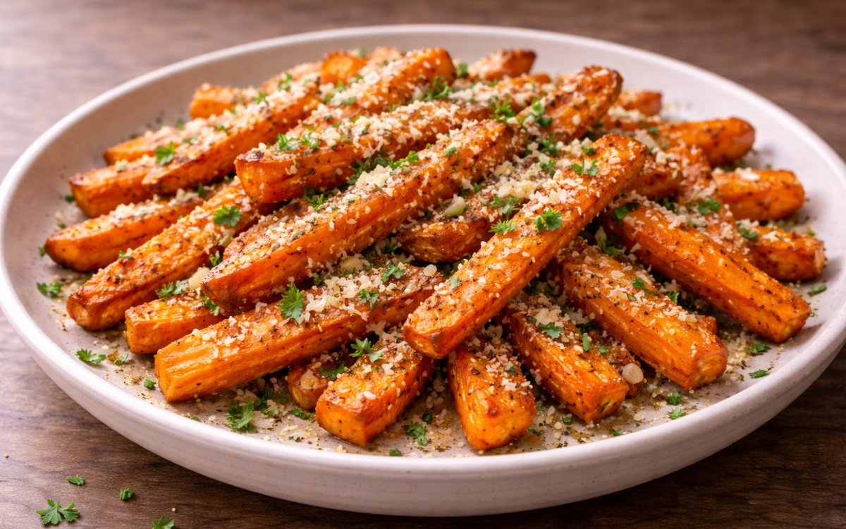 Golden brown roasted carrot fries topped with grated Parmesan cheese and fresh parsley on white plate