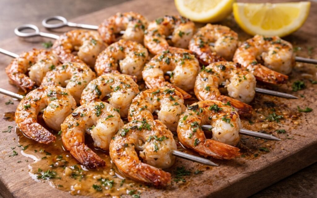 Grilled garlic shrimp skewers with herb butter on white serving platter