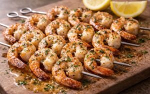 Grilled garlic shrimp skewers with herb butter on white serving platter